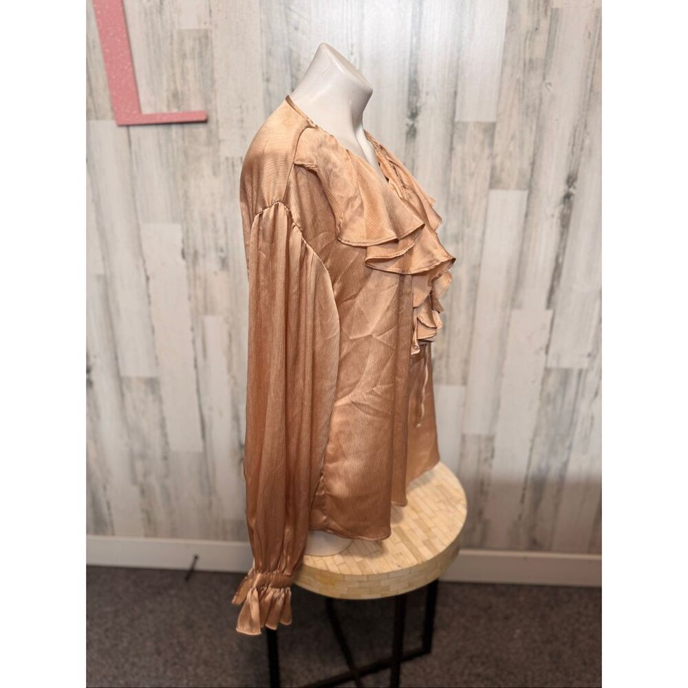 SHEIN Champagne Gold Satin Ruffle Blouse Womens Size Large L Long Balloon Sleeve - Picture 2 of 6